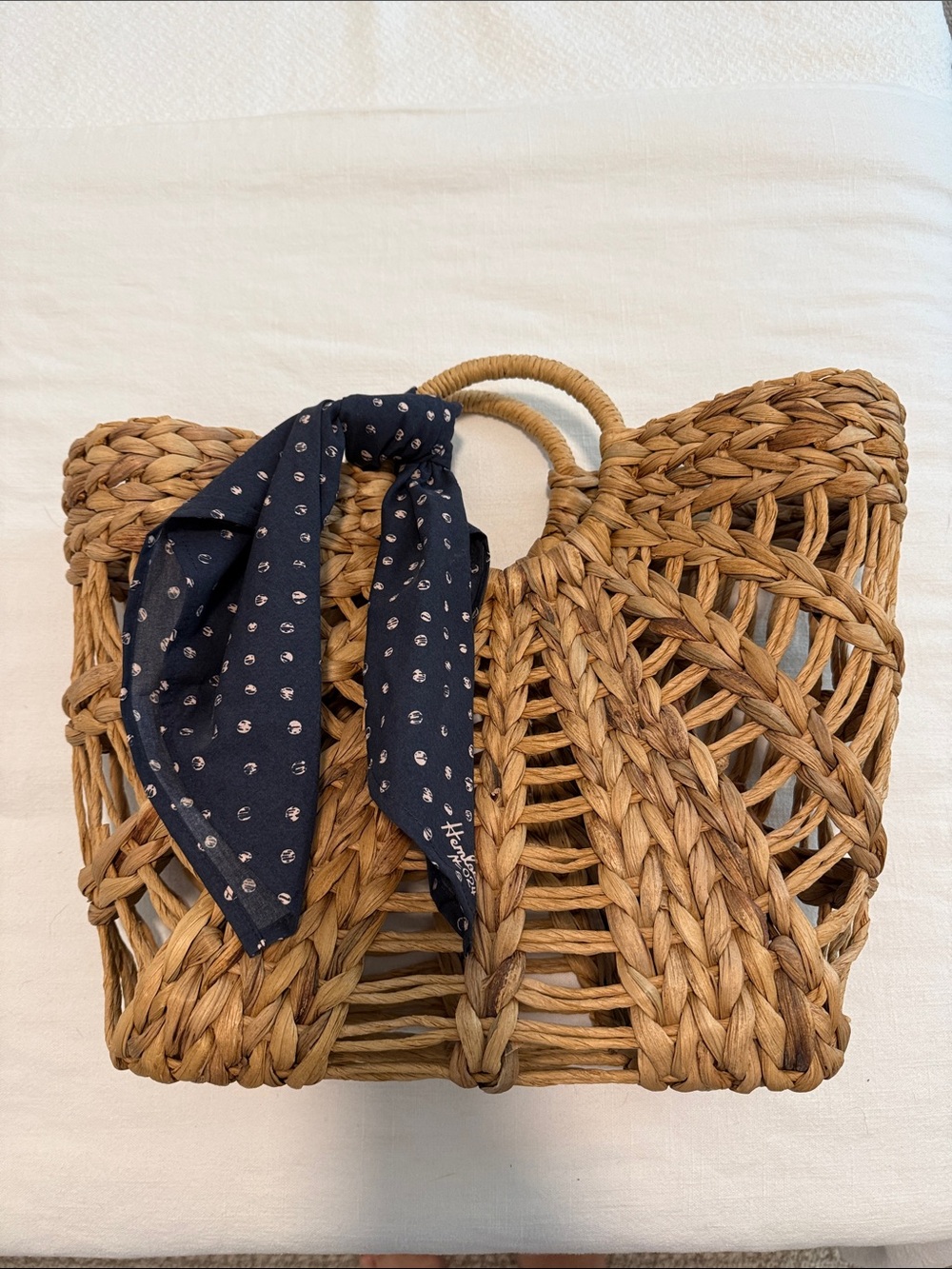Handwoven Straw Tote with Navy Scarf Accent